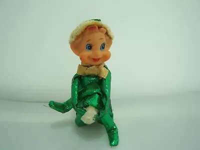 VINTAGE ELF KNEE HUGGER SHINY GREEN HAPPY ELF Hat Sitting Bookshelf Big Eyes • $22