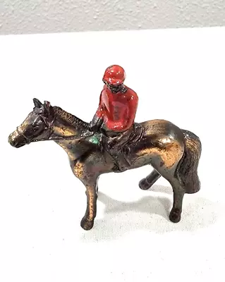 Vintage Bronze Race Horse With Jockey In Red Shirt 3  Figurine • $48