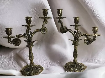 Pair Vintage Heavy Ornate Brass Triple 3 Arm Candelabra Candleholders 13” • $110