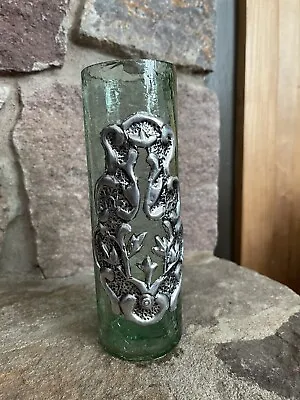 Vintage Art Nouveau Green Crackle Glass Vase With Applied Metal Art  7 3/4 In. • $11.25