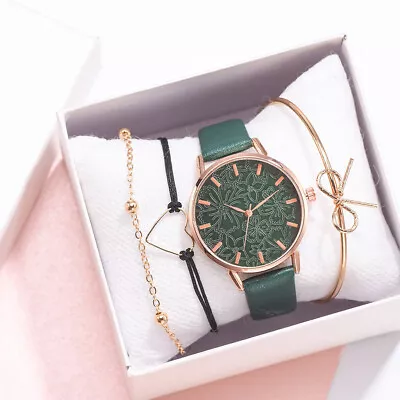 Womens Ladies Girls Flowers Watch And Bracelet 4pcs Set Matching Gift Wristwatch • $10.99