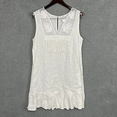 Miguelina Linen Dress Women’s L White Flutter Hem Fringe Lace • $98