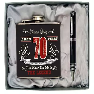 70th Seventieth Birthday Milestone Black Stainless Steel Hip Flask Pen Gift Box • $29.95