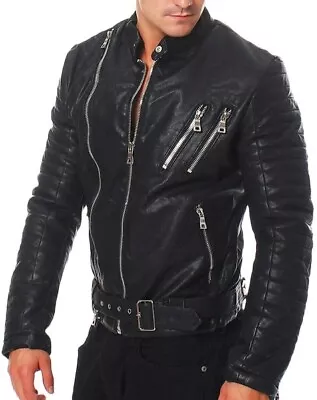 Homme Véritable Cuir D'Agneau Veste Élégant Moto Slim Fit Veste Motard -MJ237 • $109.24