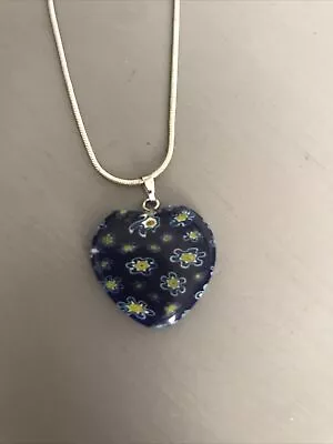 Pretty Millefiori Murano Flower Love Heart Blue Glass Pendant Necklace Jewellery • £4.99