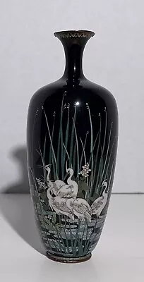 CRANES EGRETS HERON JAPANESE MEIJI CLOISONNÉ SILVER WIRE VASE Antique • $495