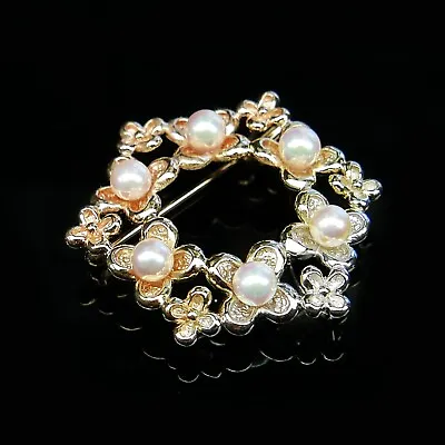 Sweet 4-5mm White Akoya Sea Cultured Pearl Floral Brooch Pin 950 Sterling Silver • $73.47
