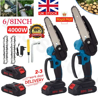 2 Batteries 6/8 Inch Mini Cordless Chainsaw Electric One-Hand Saw Wood Cutter UK • £20.99