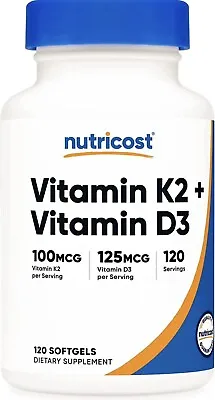 $13.60 • Buy Nutricost Vitamin K2 MK7 100mcg + Vitamin D3 5000 IU 120 Softgels - Gluten Free