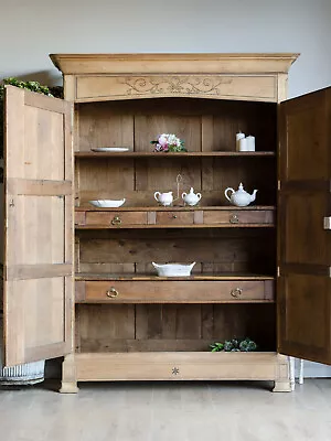 French Antique Oak Wardrobe Linen Press Cabinet Cupboard With Shelves & Drawers • £1790