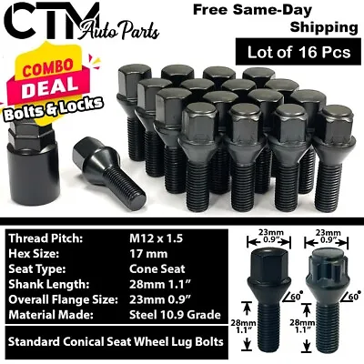 16x Black 12x1.5 Cone Seat Lug Bolt +Lock Fit Audi Volkswagen Aftermarket Wheel • $39.55