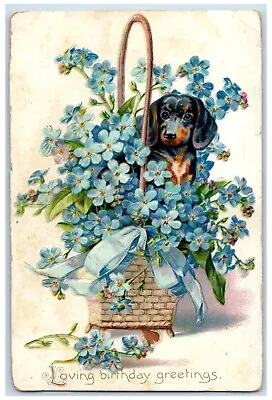 1909 Birthday Greetings Dachshund Dog In Basket Pansies Flowers Tuck's Postcard • £9.71