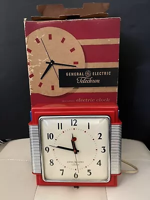 Vtg 1940’s GE Telechron  Red Silver Electric Wall Clock In Original Box 2HA43 • $250