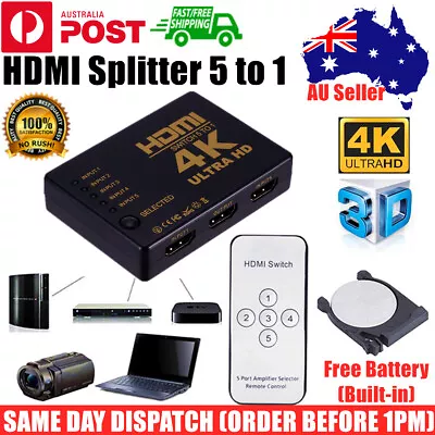 Ultra HD 4K HDMI Splitter Switch Hub Adapter HDTV 5 Port IN 1 OUT Remote Control • $11.95