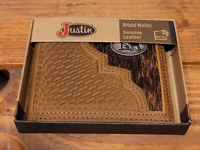 Justin Men's Basketweave Leather Hair On Praying Cowboy Bi-fold Wallet BRAND NEW • $17.95