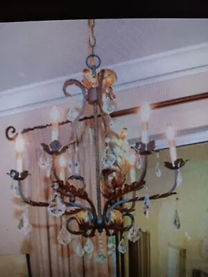 Large Vintage FRENCH TOLE CHANDELIER 6 ARMS Bronze Color W/ HEAVY Crystal Prism • $395