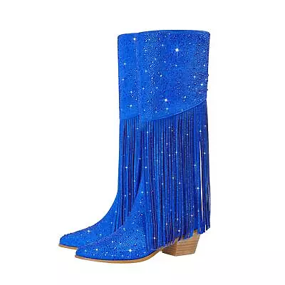 Womens Diamond Pointed Toe Tassel Mid Calf Boots Wedge Chelsea Boots Blue Party  • $88.58