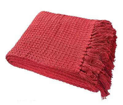 Red Cotton Woven Sofa / Bed Throw In Waffle Honeycomb Design 3 Sizes • £22.99