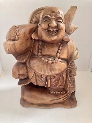 Wooden Handcarved  Buddha Figure Laughing Happy Buddah 22cm Height • £22