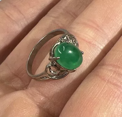 Vintage Chinese Emerald Green Jadeite Jade Fine Sterling Ring Ring Size 8 ~8.5 • $249