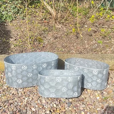 Planters For Garden Set Of 3 Large Vintage Metal Plant Pots Troughs Bee Outdoor • £50