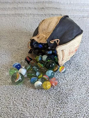 Grandpa's Vintage Leather Bag Of Glass Marbles • $35