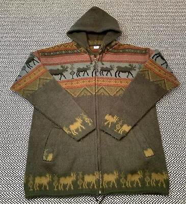 ARTESANIAS TUNTAQUIMBA Wool Jacket Mens Large Moose Fair Isle Zip Hoodie Nature • $36.99