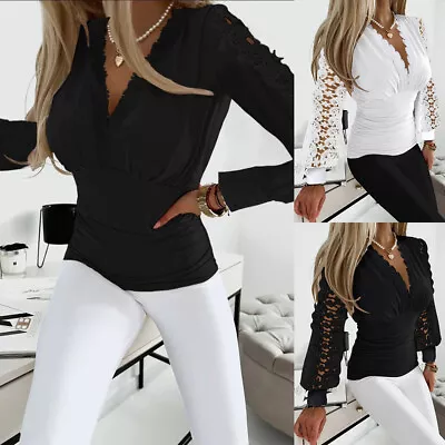 Women Sexy V Neck Long Solid Sleeve Lace Slim Fit Tops Ladies Blouse Tees Shirt • $30.29