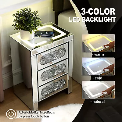 Mirrored Nightstand End Table Wireless Charging Station LED Lights USB 3-Drawers • $179.99