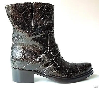 MIU MIU PRADA Black Crackled Leather 6.5 36.5 Buckled ANKLE BOOTS Beauty $850 • $429.99