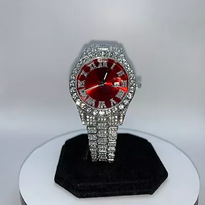 Unisex Iced Out Silver Colour Red Dial CZ Luxury Quartz Watch Wristwatch • £24.99