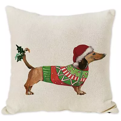 Merry Christmas Dachshund Throw Pillow Cover Cute Dog Linen Pillowcase Winter... • $19.04