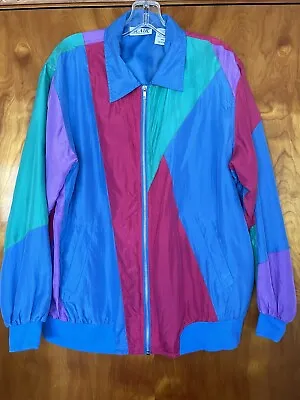 VTG Blair 100% Silk Bomber Jacket M Full Zip Colorblock Pockets Blue Red 80s 90s • $29.99