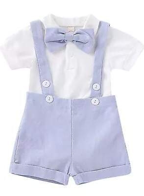 Baby Boys Gentleman Formal Outfits Set Romper With Tie And Overalls Bib Pants... • £5.98