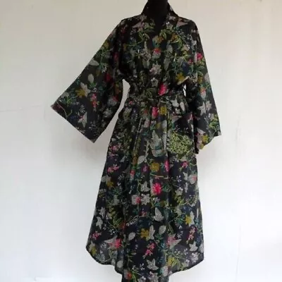 Indian Handmade Women Dressing Gown Paradise Print Long Bath Robe Cotton Kimono • £31.03