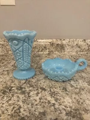 Vintage Blue Milk Glass Diamond Pattern Vase 6” And Candle Holder • $19.99