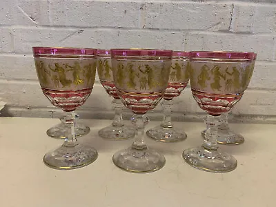 Val St. Lambert Glass Cranberry Gold Encruste Goblets Danse De Flore 7 Available • $350