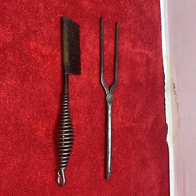 Vintage Set 2 Piece Metal Hair Curling Iron Wood Handle Straightening Comb • $29