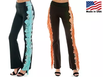 T Party Women's Colored Fringe Leg Yoga Pants Turquoise Orange Made In USA • $56