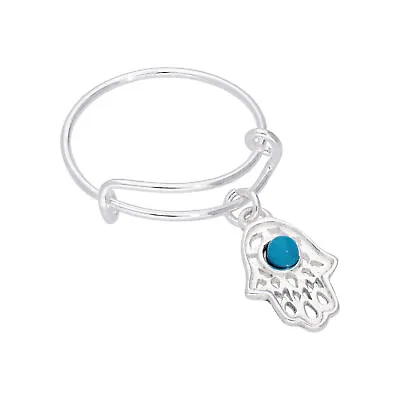 Sterling Silver Hamsa Hand Blue Bead Drop Adjustable Ring • £13.45