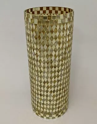 Vase Mosaic Cylinder Glass Gold & Mirror Diamond Shaped Chips 6 Dia 15.5 High • $29