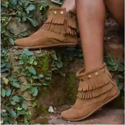 Minnetonka Double Fringe Boho Leather Ankle Booties Moccasins Size 11 • $50