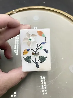 Vintage Marble Pietra Dura Trinket Box W/Semi Precious Inlay Floral Design 2.5” • $13.99