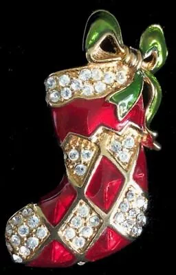 Vintage MONET Red Enamel & Rhinestone CHRISTMAS STOCKING PIN/BroochFJT • $24.95