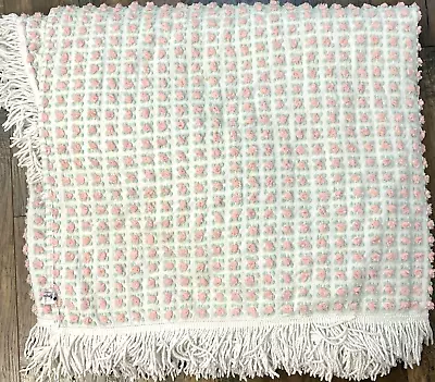 VTG Morgan Jones Chenille Pink Rosebud Coverlet Bedspread 90  X 105  • $349.99