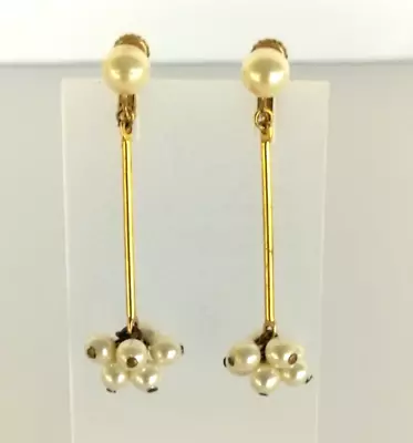 Vintage Marvella Gold Tone Faux Pearl Dangle Drop Clip On Earrings 2  Signed • $24.99