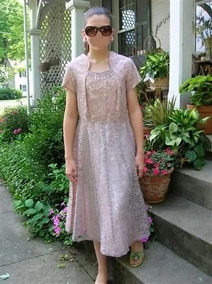 VTG DRESS GARDEN PARTY MAD MEN 50s 60s Pink Lace Flair Skirt Beaded Accents  • $175