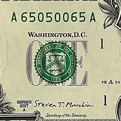 Trinary Fancy Serial Number 2017A One Dollar Bill A65050065A FW Print 0s 5s 6s • $4.95