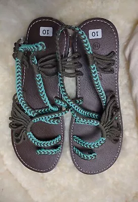 Plaka SIZE 10 Thong Rope Sandals Womens Brown Teal Women's  Turquoise • $20