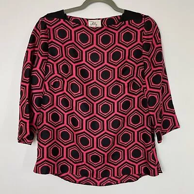 Milly Pink & Black Geometric Pattern Boatneck 100% Silk Blouse Side Zip Size 4 • $4.94